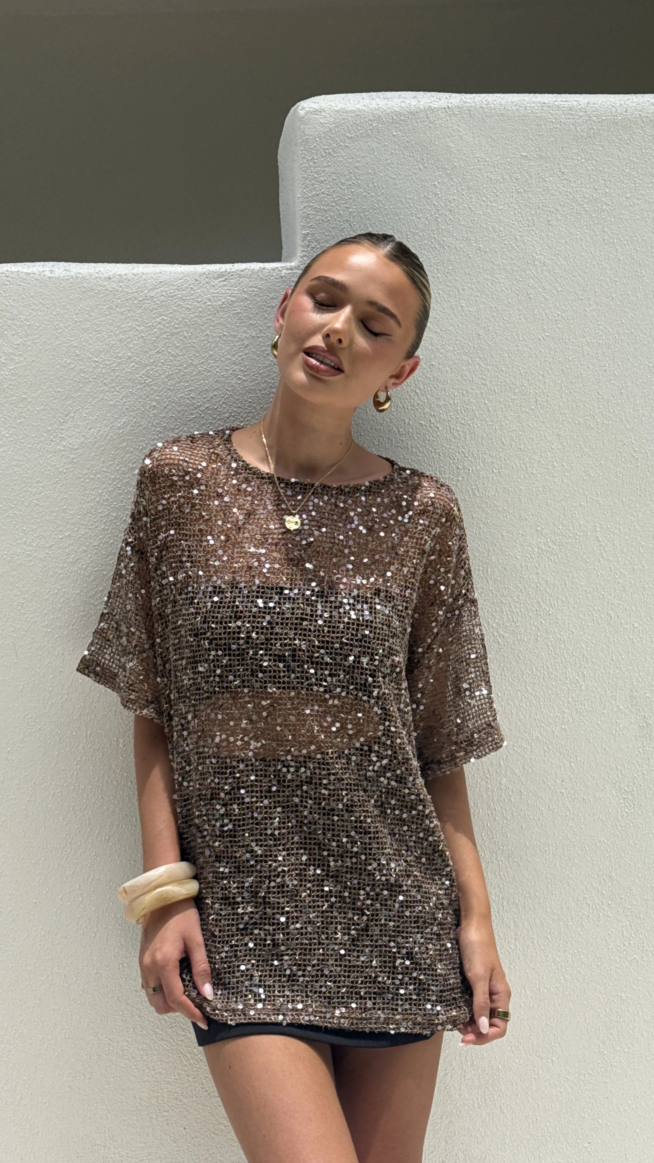 Zinnia Oversized Sequins Tee Mocha