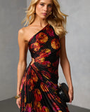 Modern Day Glam Printed One Shoulder Asymmetrical Maxi Dress
