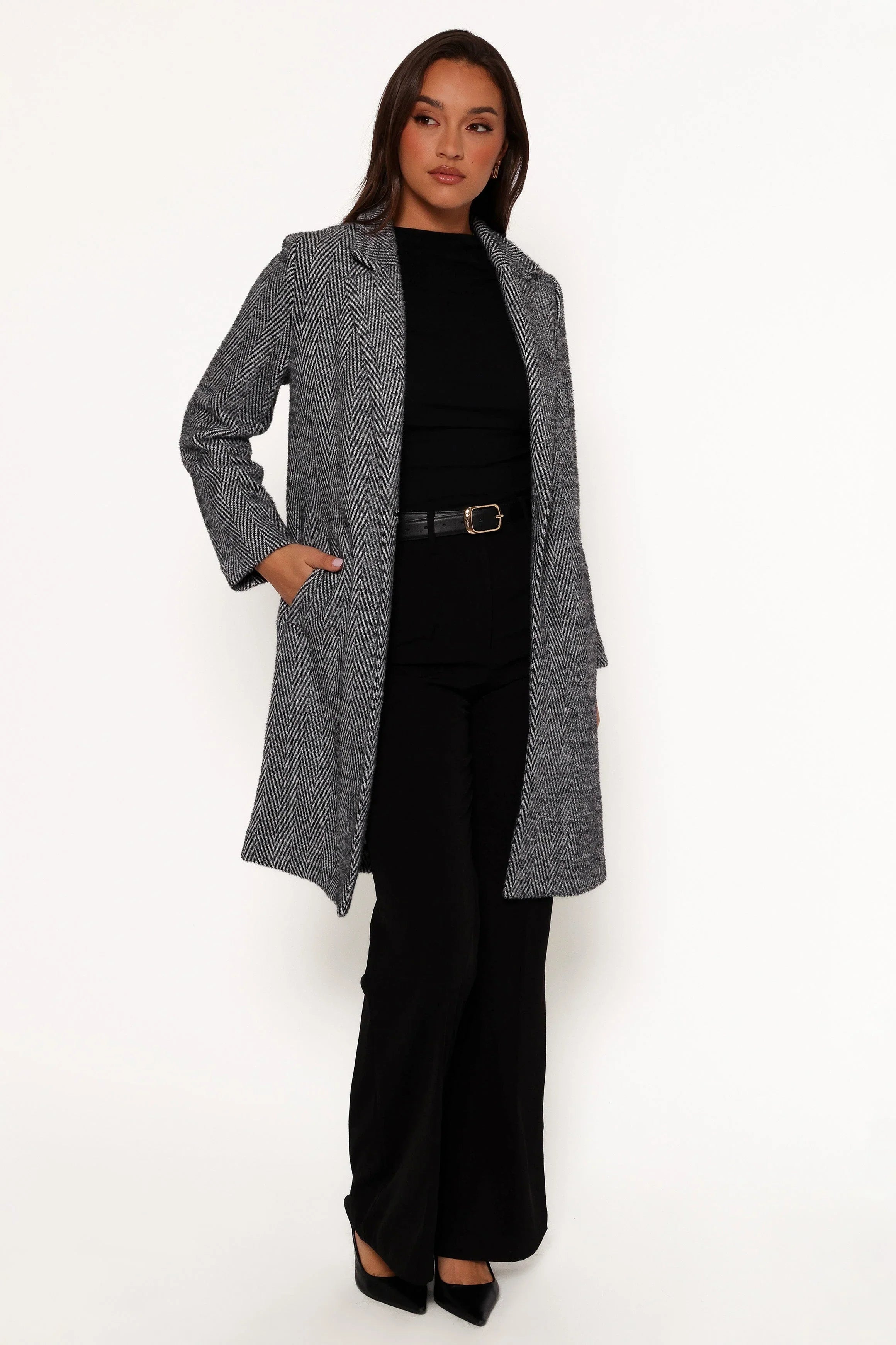 Nicoletta Single Button Herringbone Coat Black