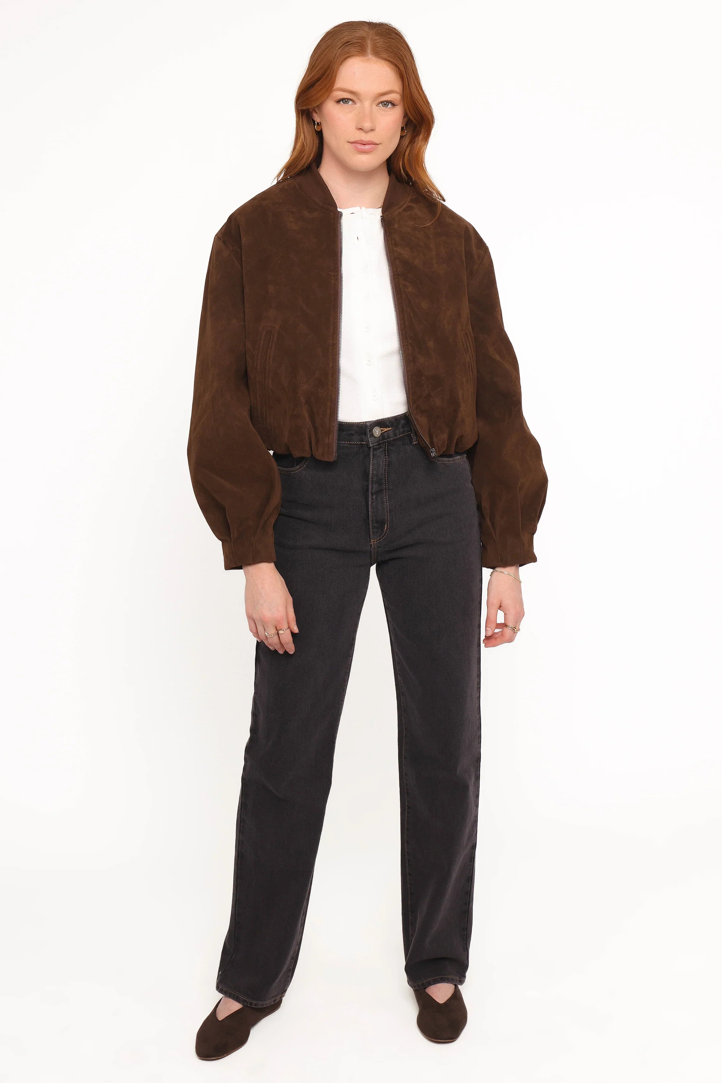 Goldie Faux Suede Bomber Jacket Brown