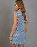 Prep School Blues Striped Wrap Tie Mini Shirt Dress