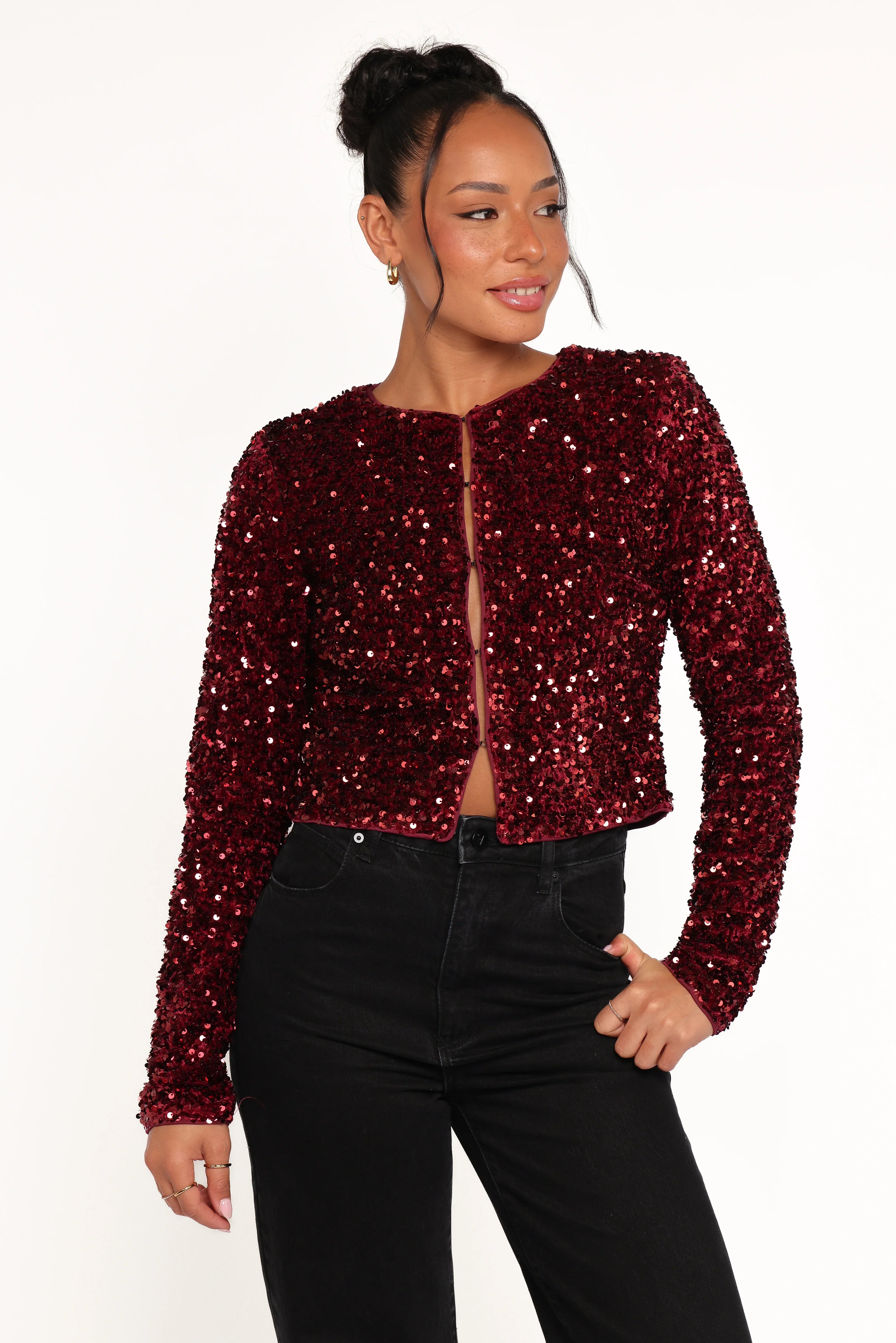 Scarlette Cropped Jacket Burgundy Sequin