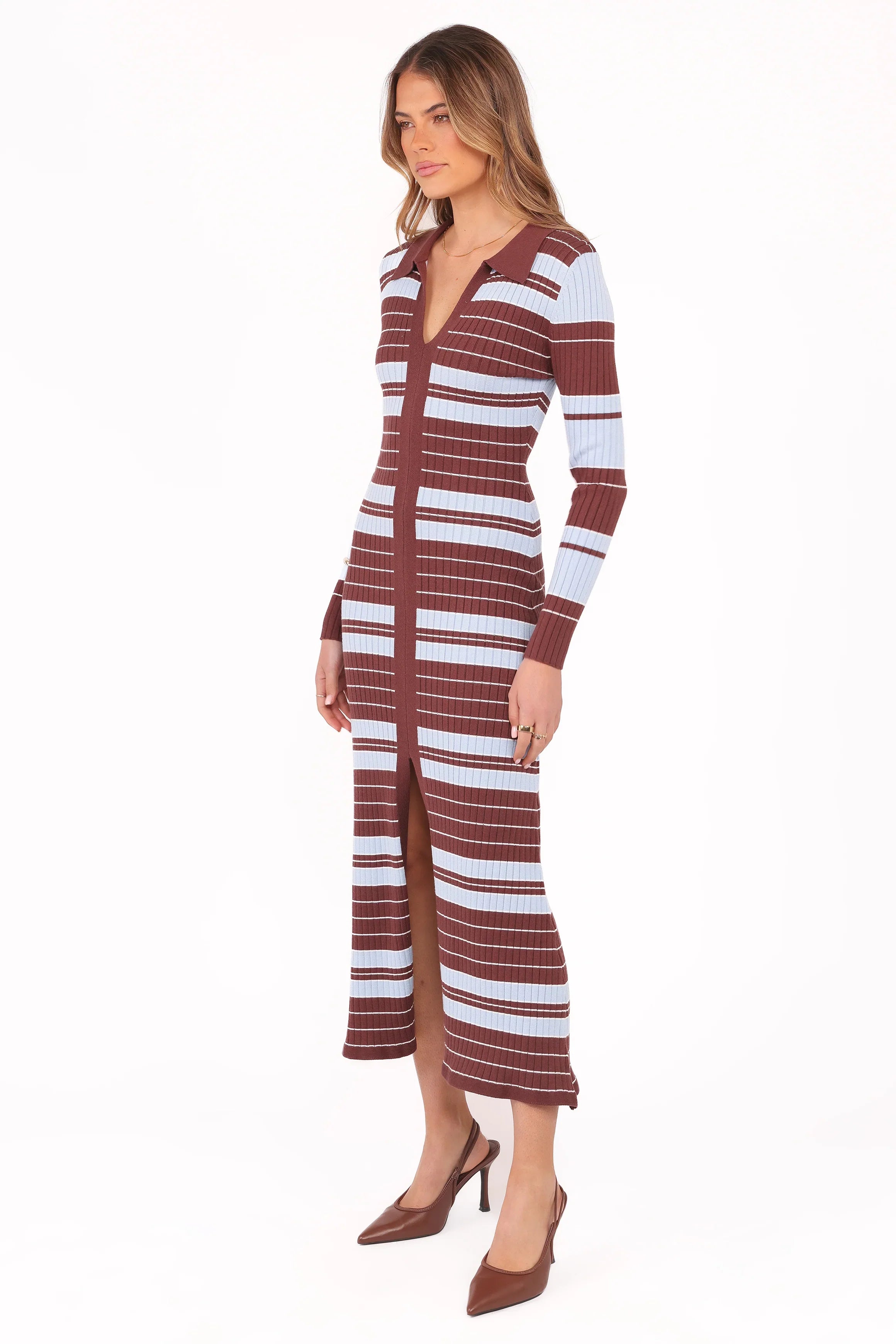 Eliana Long Sleeve Midi Dress Brown Blue Stripe