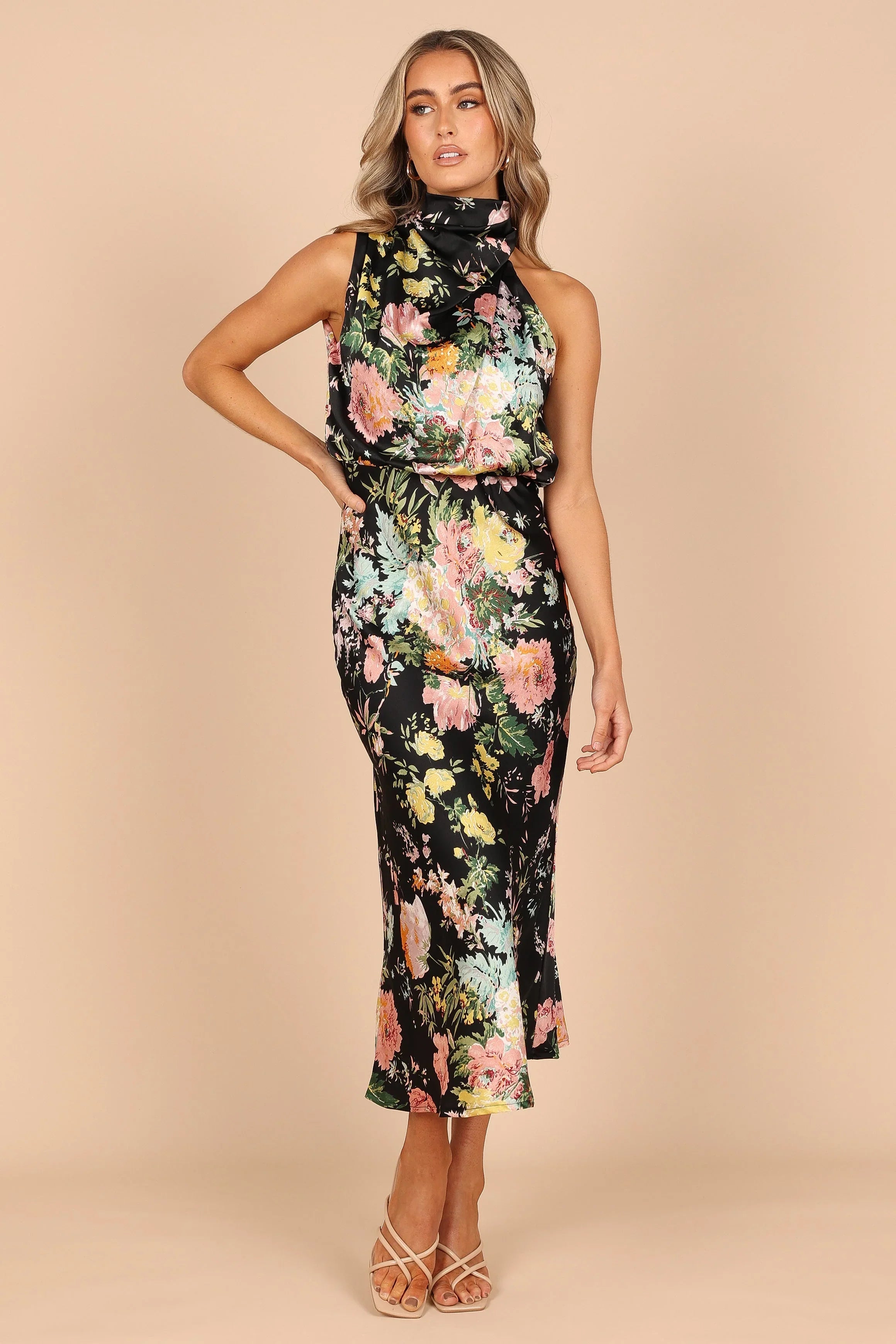 Anabelle Halter Neck Midi Dress Black Floral