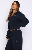 Wishing For It Cropped Cinched Zip Front Hoodie Navy