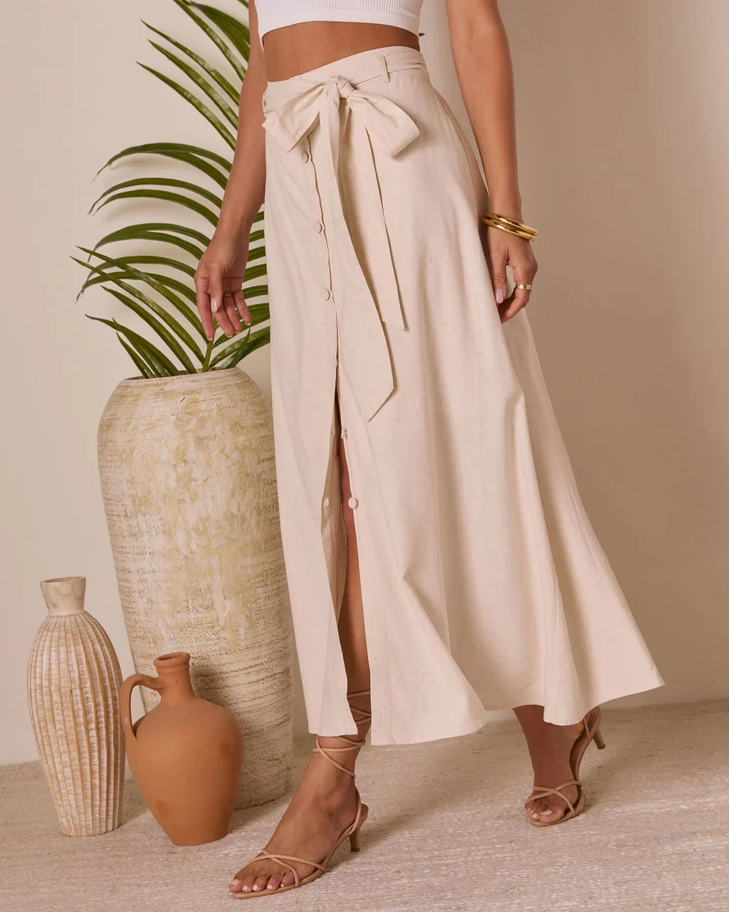 Silken Breeze Waist Tie Midi Skirt