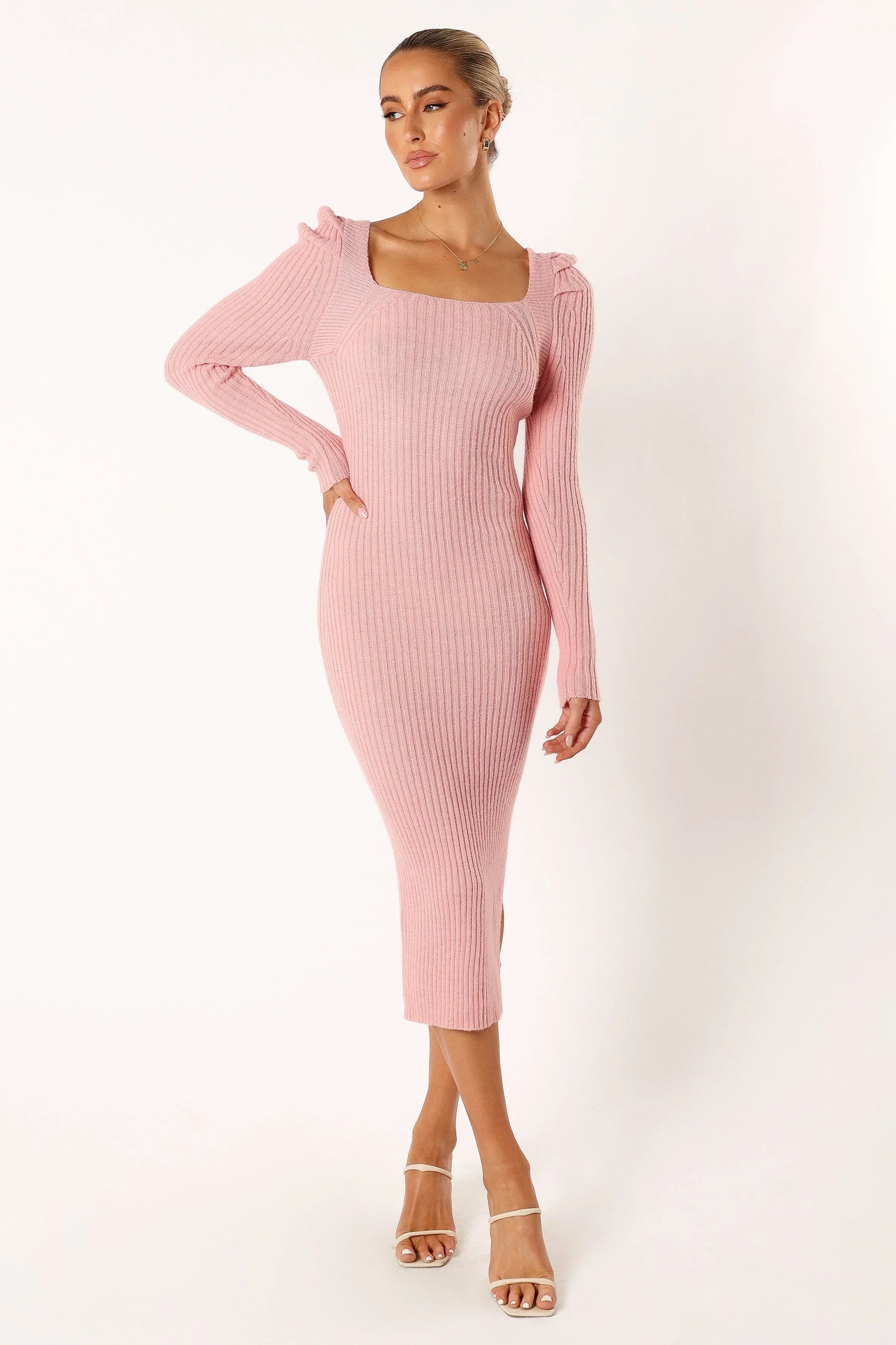 Camryn Puff Sleeve Knit Sweater Midi Dress Blush