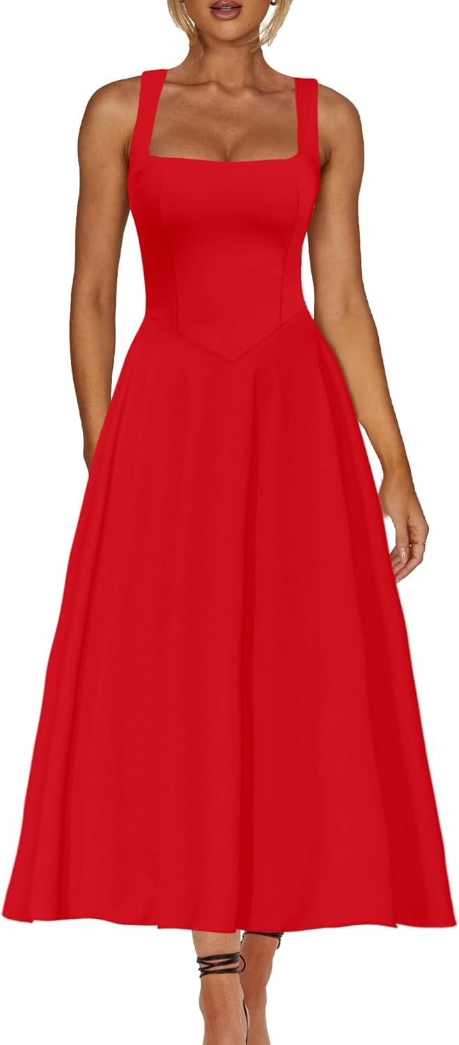Square Neck Sleeveless A Line Maxi Dress Smocked Ruffle Flowy Casual Long Dresses