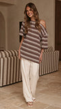 Pia One Shoulder Oversize Tee Choc Blue Stripe