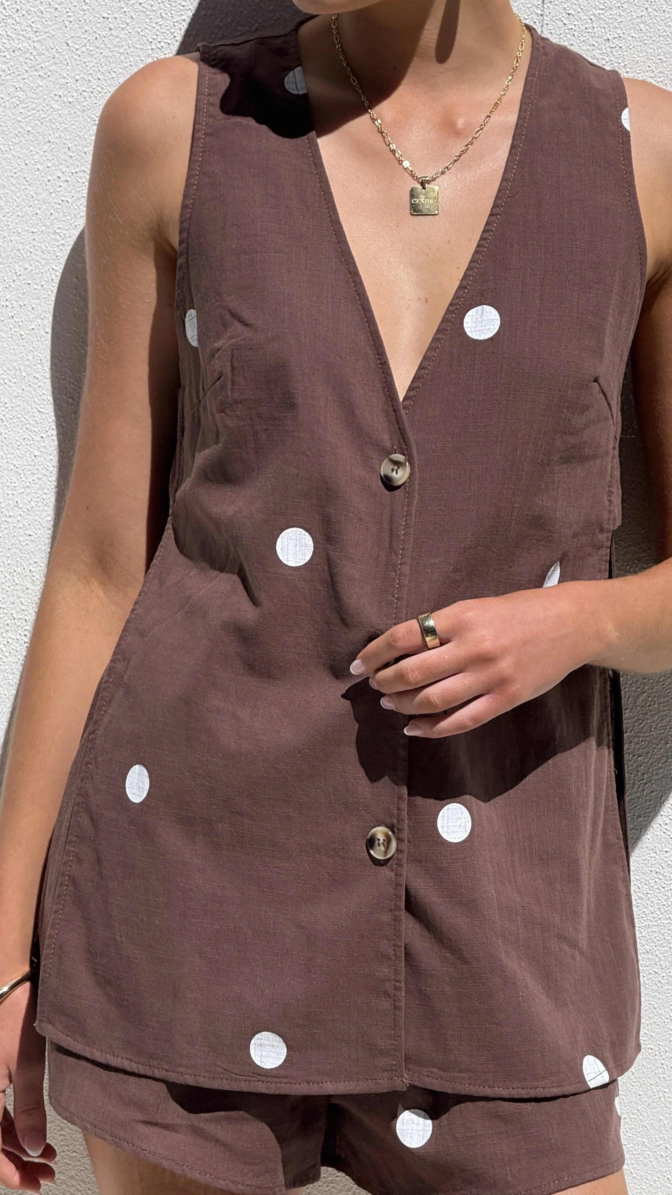 Hayley Vest and Shorts Set Chocolate White Polka Dot