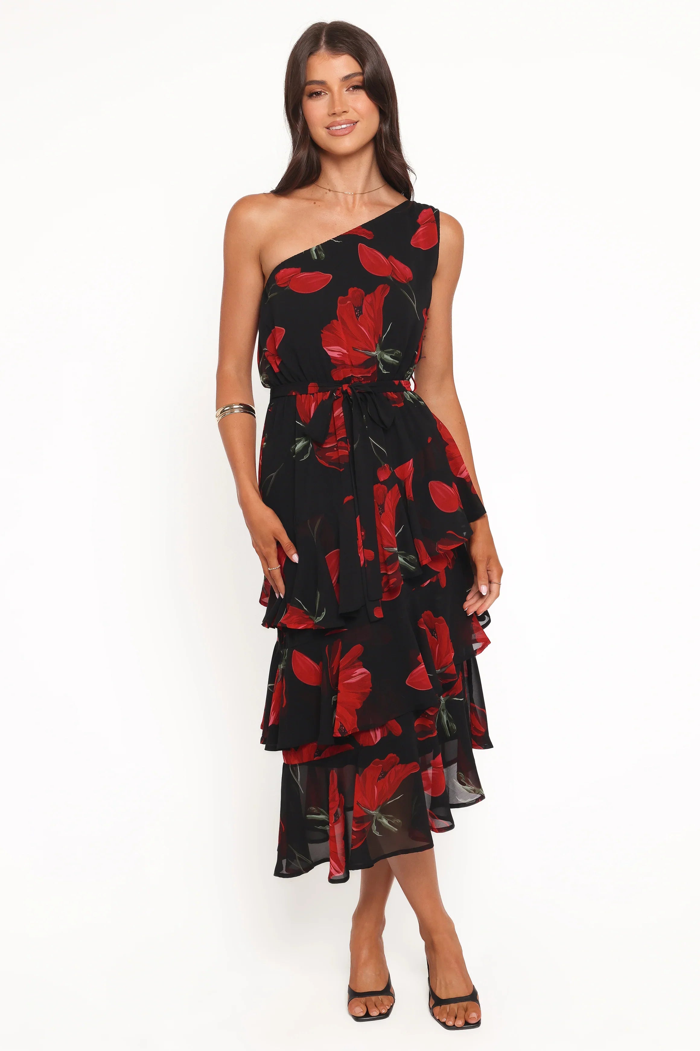 Brigette One Shoulder Tiered Midi Dress Red Floral