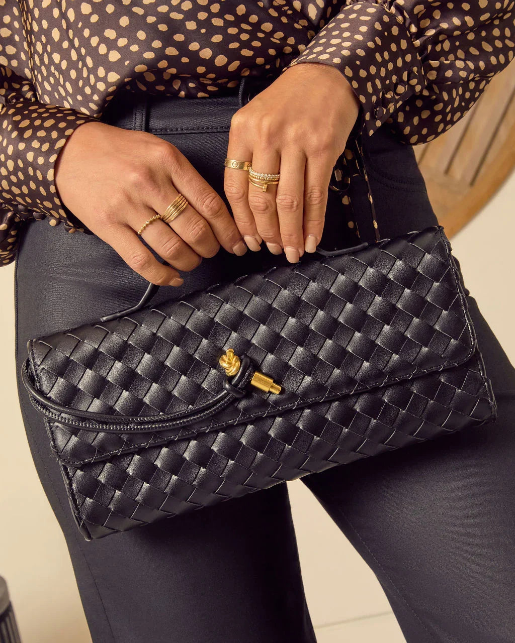 Porta Woven Leather Top Handle Clutch