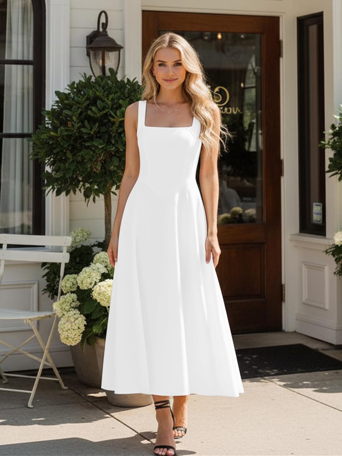 Square Neck Sleeveless A Line Maxi Dress Smocked Ruffle Flowy Casual Long Dresses