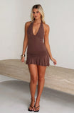 Shes The Trend Halter Mini Dress Chocolate