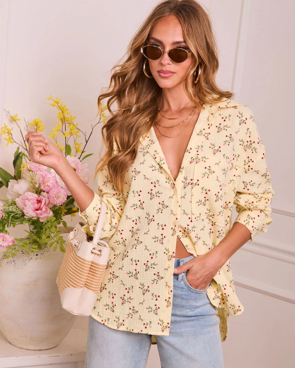 Rosy Dawn Floral Cotton Button Down Top
