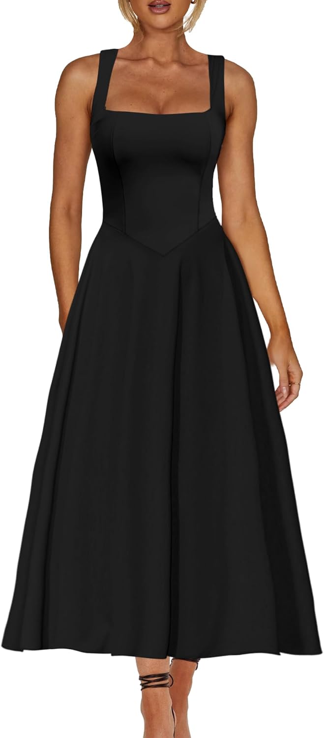 Square Neck Sleeveless A Line Maxi Dress Smocked Ruffle Flowy Casual Long Dresses
