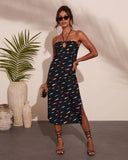 Marine Muse Fish Print Halter Neck Midi Dress