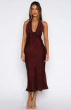 Guess You Miss Me Halter Midi Dress Burgundy Pink Dot