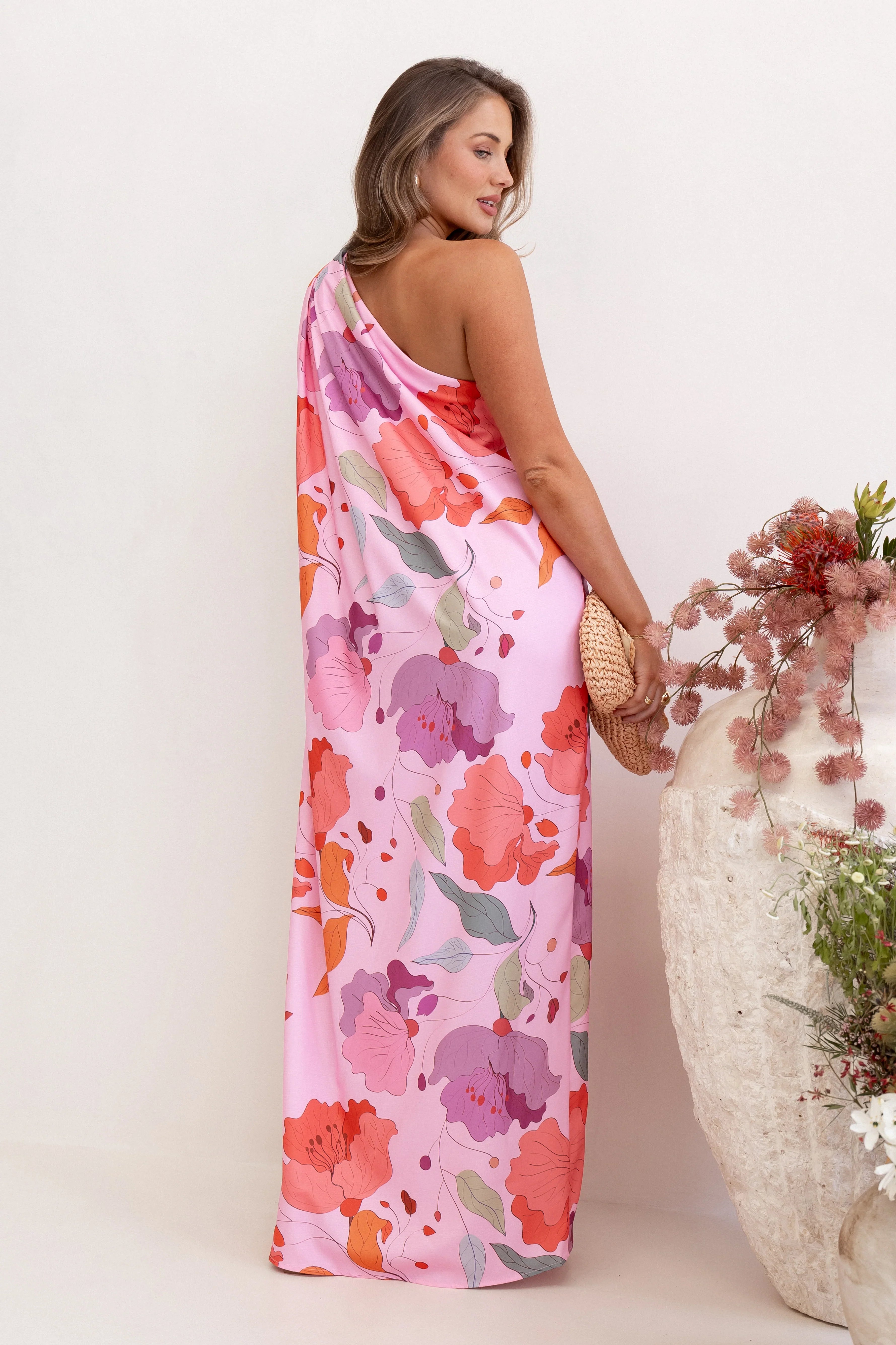 Tillie One Shoulder Maxi Dress Pink Floral